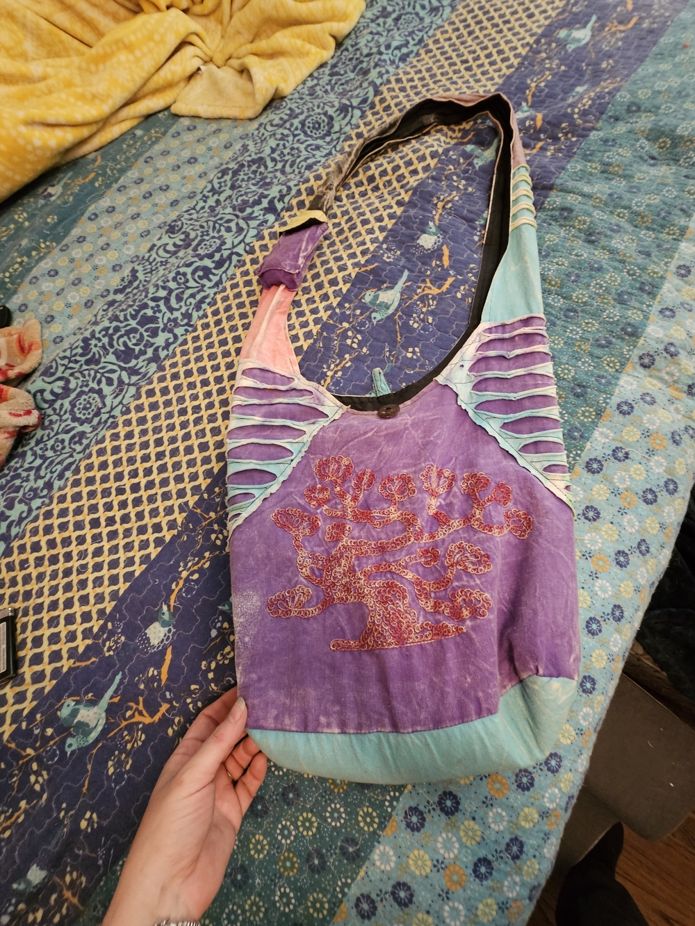 Boho Purple & Teal Tree Embroidered Shoulder Bag